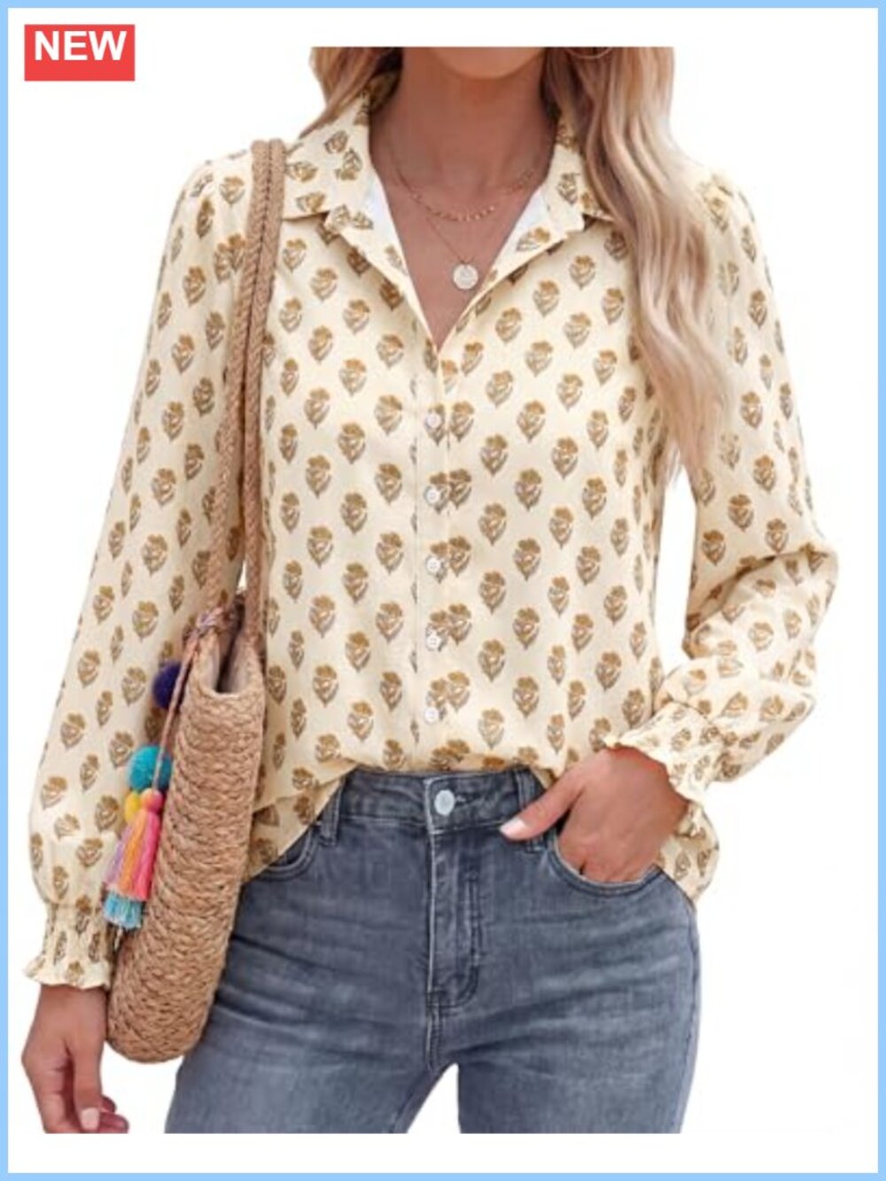 Women's Floral Button Down Blouse Long Sleeve Smocked Cuffs